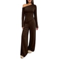 thumbnail image 4 of BRELIL Women Two Piece Sets Cold Shoulder Long Sleeve Tops Wide Leg Pants Casual Lounge Matching Set Solid Basic Pullover Outfits Travel Vacation Loungewear, Coffee S, 4 of 8