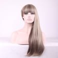 thumbnail image 1 of Qarigey Pelucas sintéticas para mujeres y niñas con flequillo, mezcla de colores rubios, peluca de pelo largo y recto, resistente a la fibra Cuidado del cabello, 1 of 5