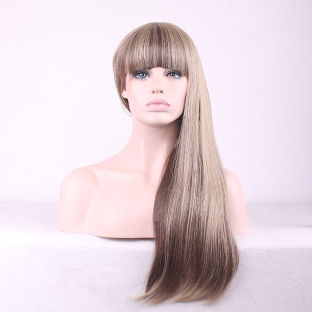 Qarigey Pelucas sintéticas para mujeres y niñas con flequillo, mezcla de colores rubios, peluca de pelo largo y recto, fibra resistente al Cuidado del cabello