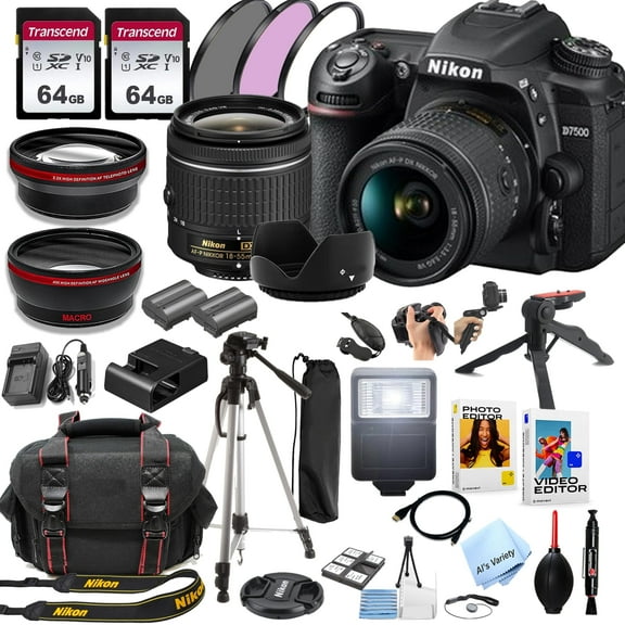 Nikon D7500 DSLR Camera Kit with 128GB Memory, Spare Battery, Filters, Case, Tripod, Flash, 42pc Bundle