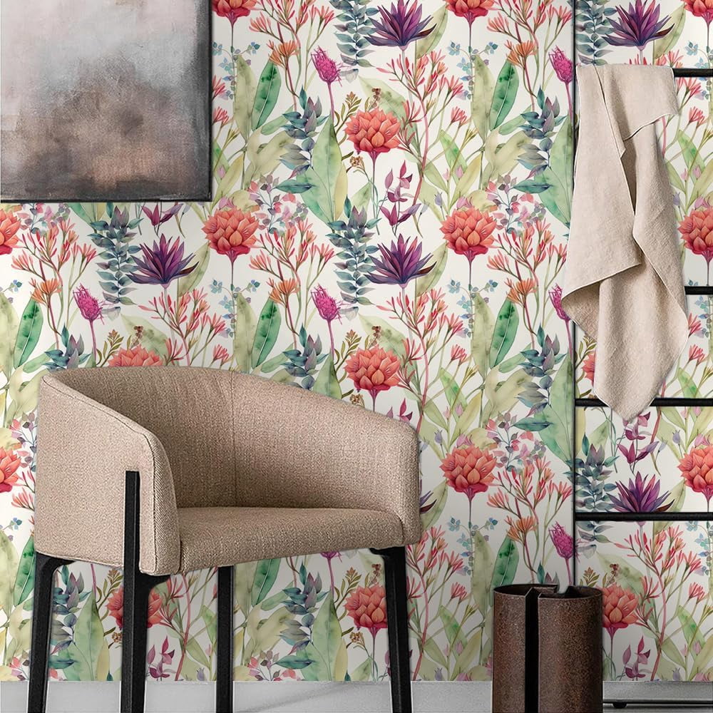 Watercolor Purple/Red/Green Grass Wildflower Floral Peel and Stick Wallpaper Wall Decor Self Adhesive Wall Paper Stick on Easy Peel Off Contact for Renter Apartment