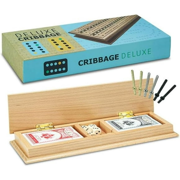 Tradeopia 3 Track Natural Wooden Cribbage Board Game with Storage Case | Includes 2 Decks of Cards and Metal Pegs | Compact Travel-Friendly Cribbage Set for Family Game Nights and Gatherings