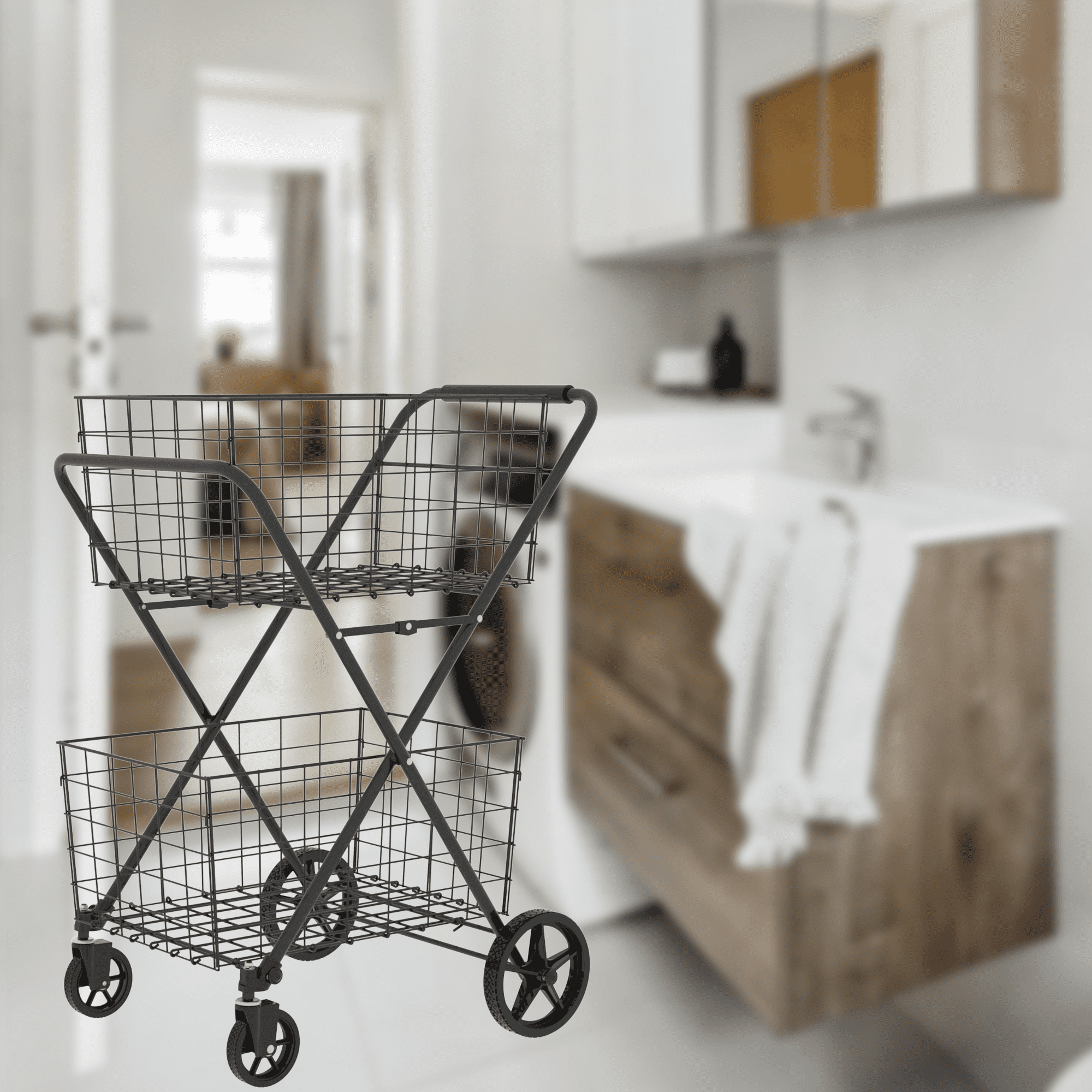 Yoneston Folding Shopping Cart with Removable Double Basket, Supports up to 220 lbs, Heavy Duty Grocery Cart with Waterproof Oxford Cloth Lining for Shopping, Grocery, Outdoor, Black