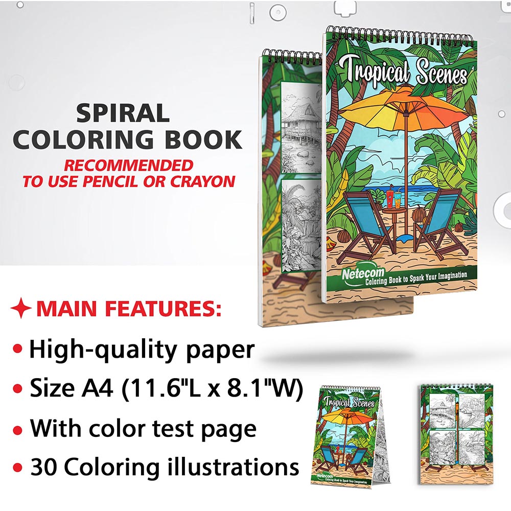 Netecom Tropical Scenes Coloring Book for Adults, Spiral Bound, Soft Cover