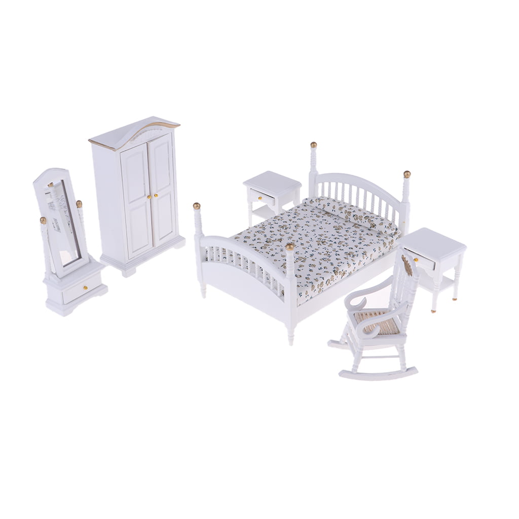 5 Dollhouse Miniature Bedroom Furniture Set Bed Wardrobe Rocker Chair Table 1:12 