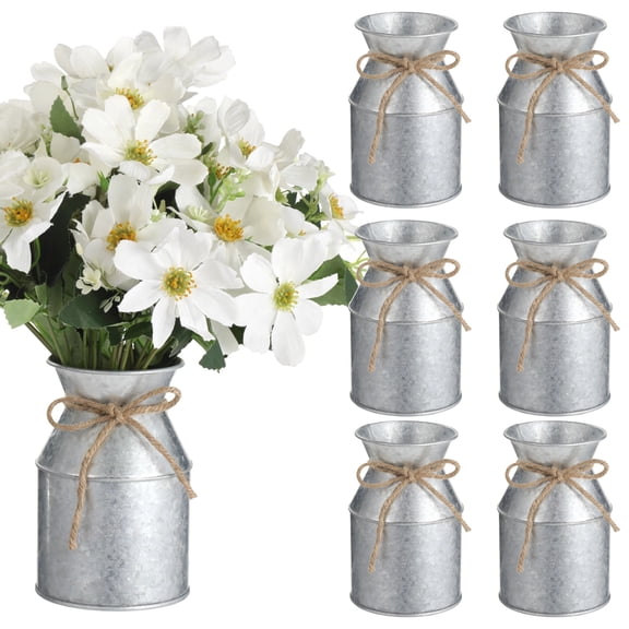 6 Pcs Milk Can Vase, Rustic Flower Vase Set, Galvanized Vase, 5.31 in Farmhouse Vase with Burlap Bow, Vintage Metal Jug Pitcher for Home, Wedding, Party Decor