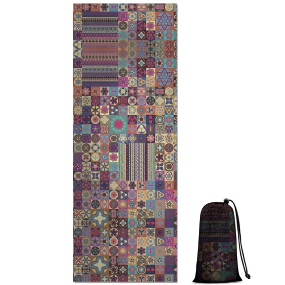 Multicolor Ethnic Patchwork Pattern Hot Yoga Mat Towel Non Slip for Hot Yoga - Quick-Drying Yoga Mat Cover with 4 Corner Pockets with Travel Bag - Hot Yoga Towel Non Slip 70"x26"