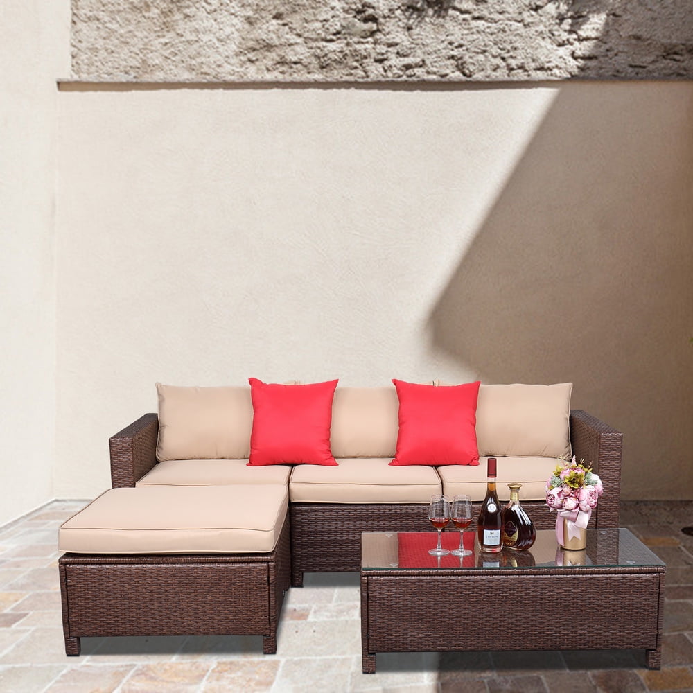 Kepooman Outdoor Patio Furniture Set, Low-back All-weather Rattan Modular Sofa with Tea Table & Washable Couch Cushions and 2 Pillows, Set of 5, Brown Kepooman Outdoor Patio Furniture Set, Low-back All-weather Rattan Modular Sofa with Tea Table & Washable Couch Cushions and 2 Pillows, Set of 5, Brown