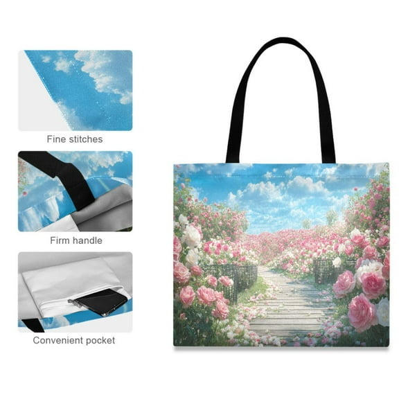 Canvas Tote Bag for Women Girls Design Print Pink Blooming Rose Tote
