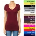thumbnail image 2 of Women's Plain Basic Solid Short Sleeve T shirt V-Neck Stretchy Cotton Tee (S-3X), 2 of 4