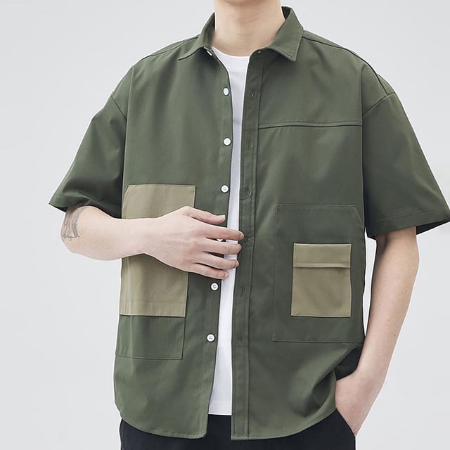 ylioge Mens Short Sleeve Shirts with Pockets Button-Down Collared Tshirts Shackets Boys Casual Color-Block Loose Comfort Lapel Tees Tops