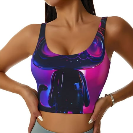 Qokaie Neon Toy Cat Reflections Pattern Womens Scoop Neck Sports Bra Breathable Workout Vest Padded U Back Medium Impact Fitness Gym Yoga Bra Workout Crop Top-Medium