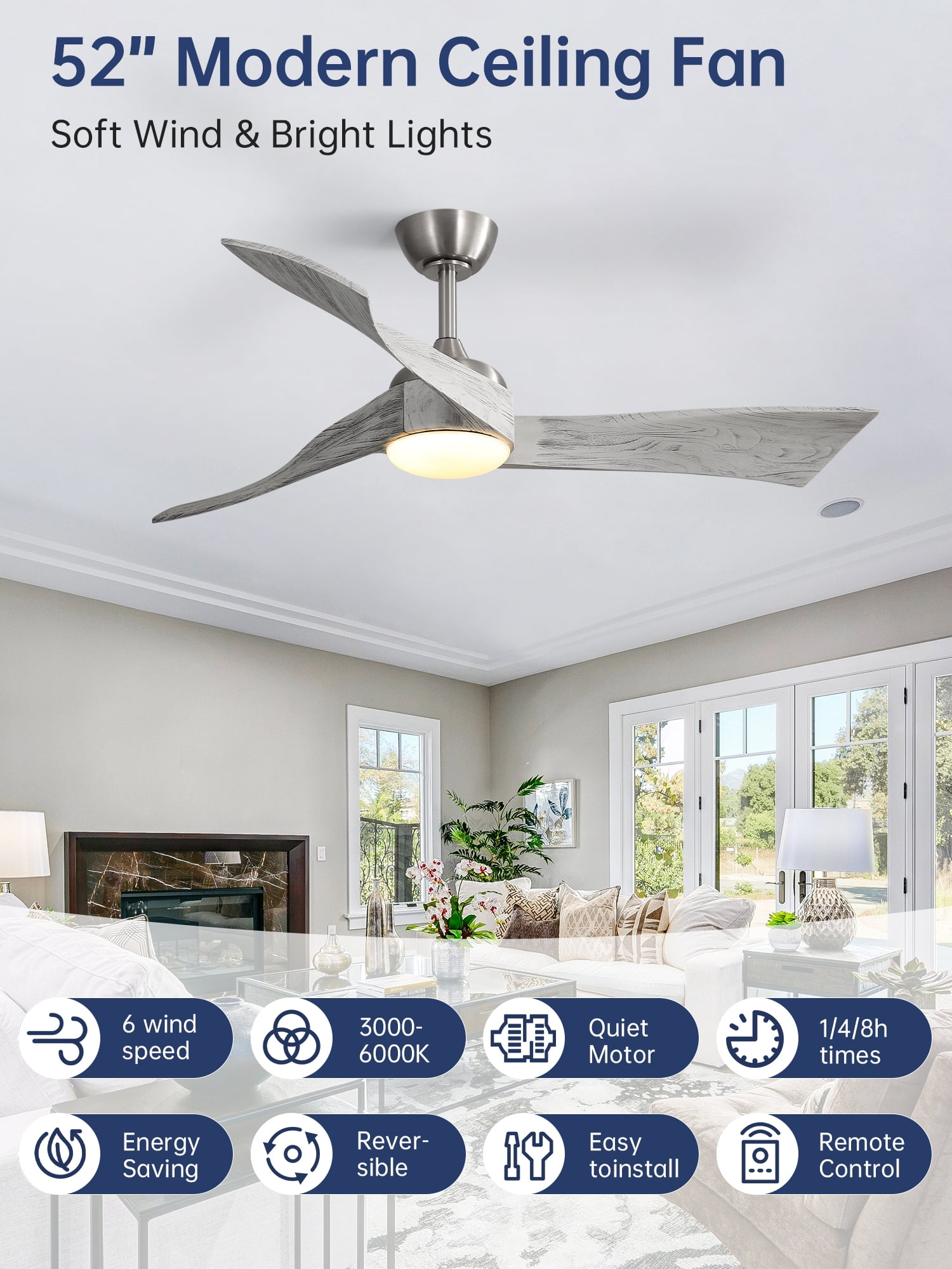 Sofucor 52" Brushed Nickel Ceiling Fan with LED Light and Remote Control