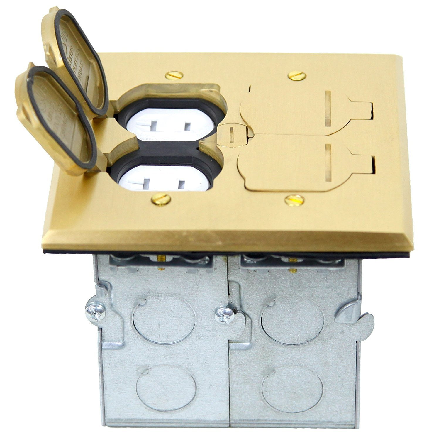 ENERLITES Floor Box Outlet Kit 975549-C, 2 Gang 20A Tamper / Weather Resistant Duplex Receptacles, UL Listed - Brass