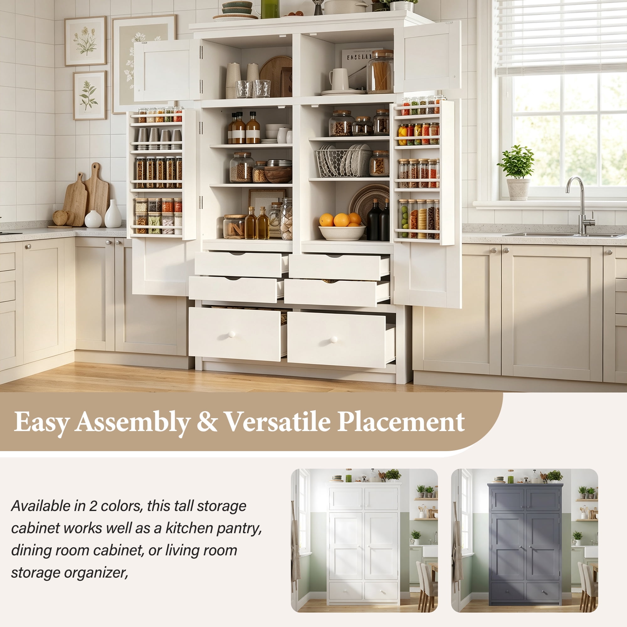 Euroco 74.8" Tall Kitchen Pantry Cabinet with 6 Drawers, Freestanding Storage Cabinet with 8 Door Shelves & 4 Pull-out Trays, Kitchen Hutch Cabinet for Dining Room,White