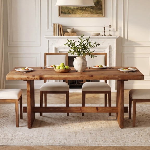 63" Live-Edge Solid Wood Brown Dining Table with Crossbar Support, Farmhouse Kitchen Table for 4-6 People