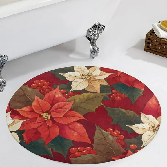 Christmas Poinsettia Red Flower Round Carpet Circle Rug Outdoor Patio Area Rug Washable Large Area Rugs Hallway Room Decor Fitness Mats