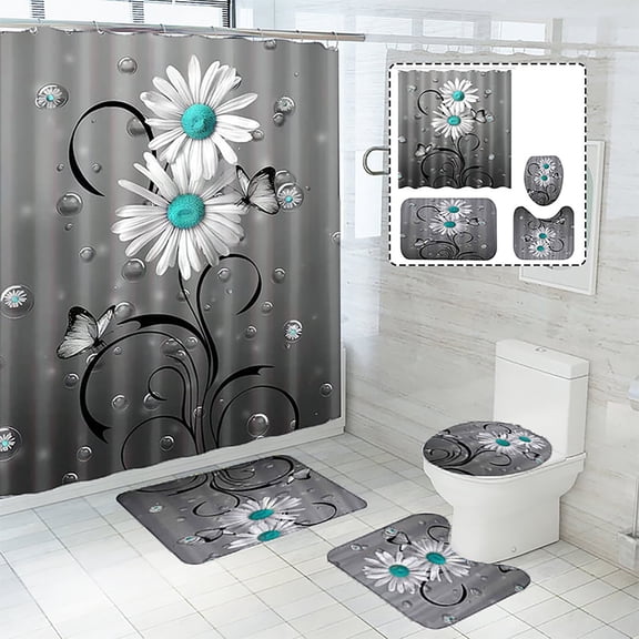 Shower Curtain,4 Pcs Toilet Lid Cover And Bathroom Mat Set Accessories Shower Curtain Sets With Non Slip Rugs