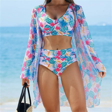 CaiJunJia Womens Bikini Set 3 Pieces Swimwear Floral Cover Up V Neck Top High Waist Bottom Outfit Swimsuits Bathing Suits