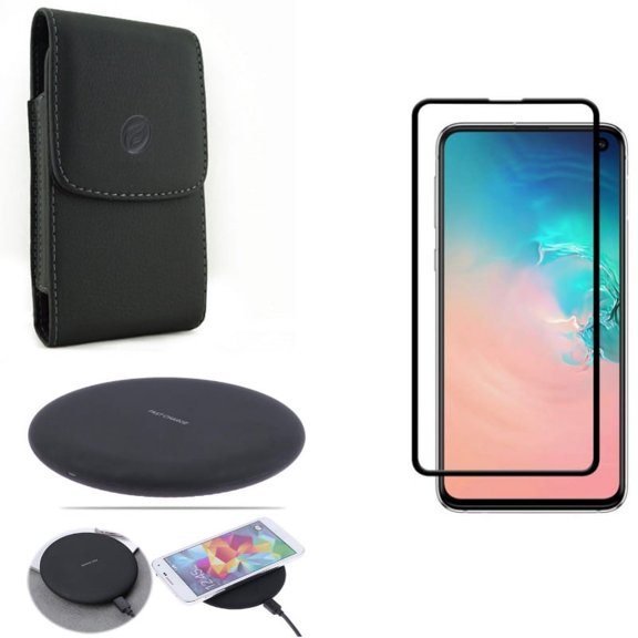 Galaxy S10e Screen Protector w Case Belt Clip w Wireless Charger - Tempered Glass 5D Curved Edge, Leather Holster Cover, Fast 7.5W and 10W Charging Pad for Samsung Galaxy S10e Phone