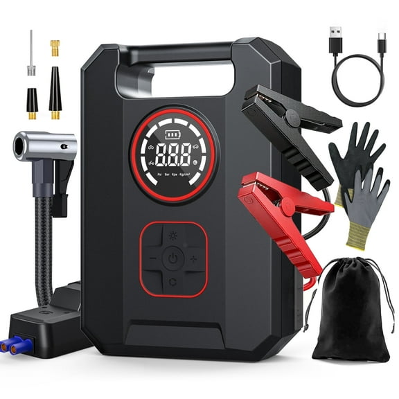 GCZ 3000A Peak Portable Jump Starter with Air Compressor 150PSI, Battery Booster (up to 9.0L Gas&6.0L Diesel), 24,000mAh Power pack with Dual Cylinder & LED Display&Flashlight