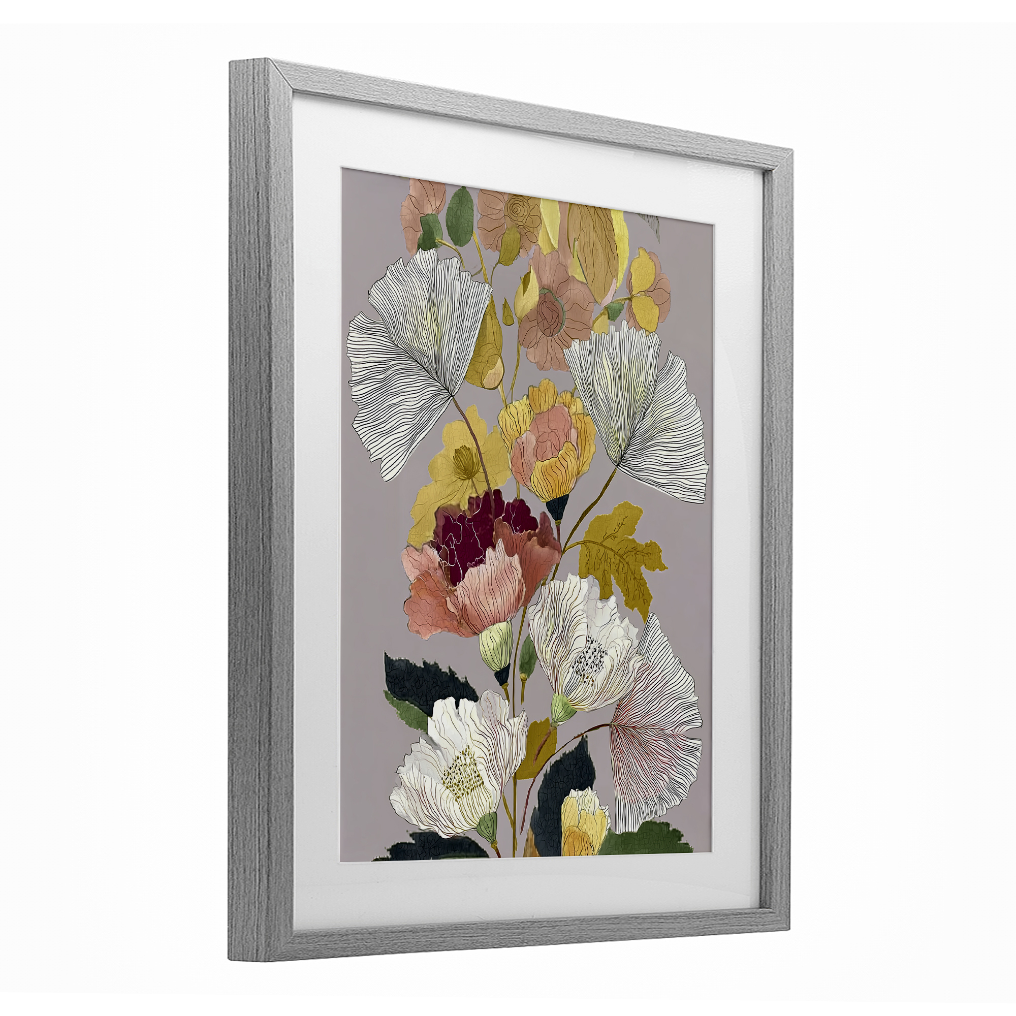 Detailed Foliage Leaves Gray Framed Print Under Glass, design by Annabelle Hall