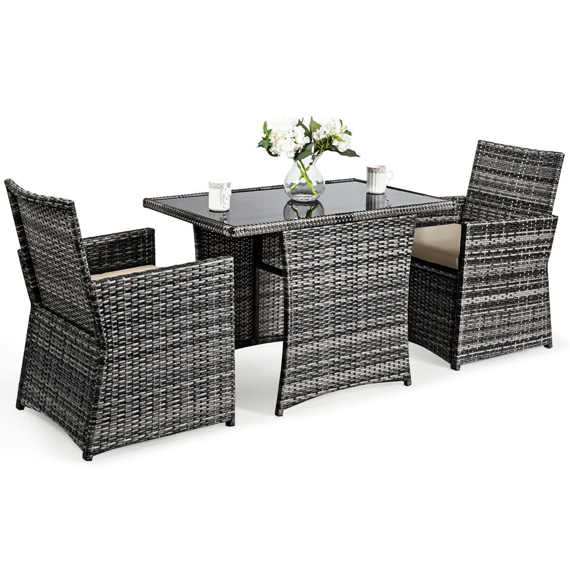 Gymax 3PCS Cushioned Wicker Rattan Patio Furniture Set Garden Yard Outdoor