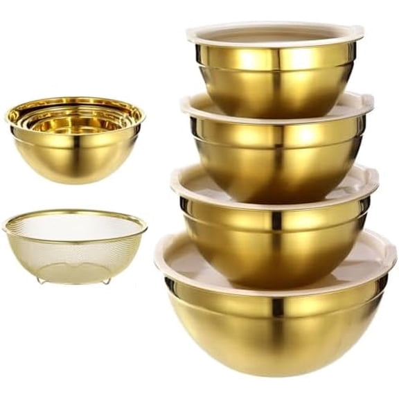 5 PCS Golden Mixing Bowls, Stainless Steel Salad Bowls with Airtight Lids, Mirror Finish Nested Mixing Bowl Set with Mesh Strainer, 4 Bowl Sizes for Baking, Meal Prep, Food Serving