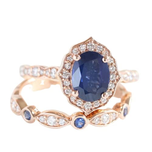 HeartsAndYou 2.5ct Natural Sapphire Diamond Stylish Floral Bridal Set Ring 14k REAL Rose Gold