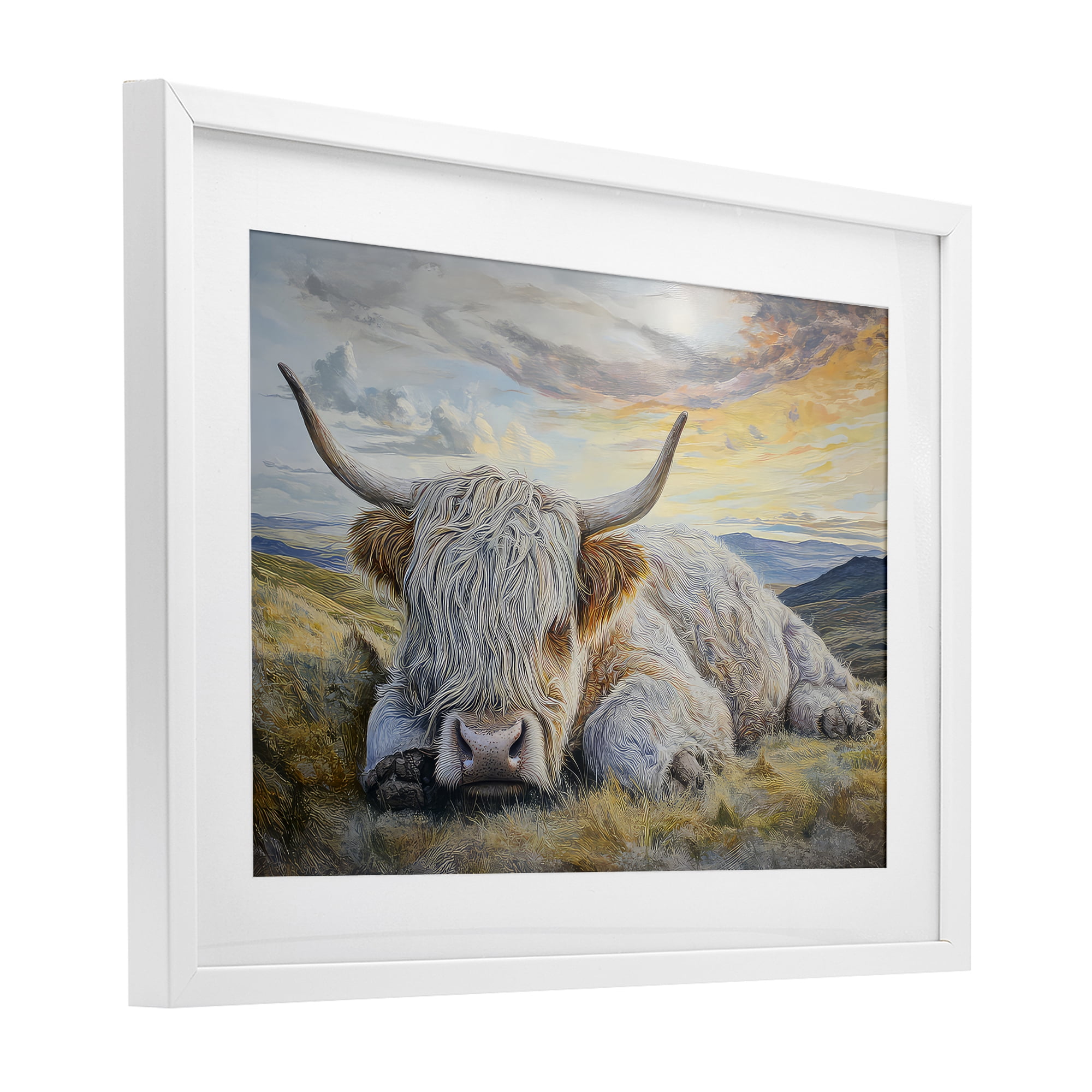 Stupell Industries Sleeping Highland Cow Pastoral White Framed Print Under Glass, design by The Wands Want