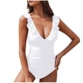 thumbnail image 1 of Women's Ruffled One Piece Swimsuit V Neck Ruched Tummy Ruched Bathing Suits High Cut Monokini Long Sleeve One-Piece Swimsuit White S, 1 of 4