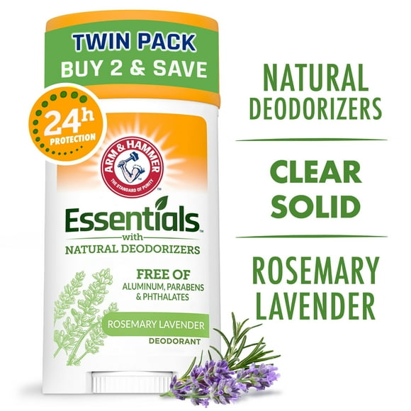 Arm & Hammer Essentials Deodorant- Rosemary Lavender- Solid Oval- Twin Pack (Pack of 2/ 2.5oz)- Made with Natural Deodorizers- Free From Aluminum, Parabens  Phthalates