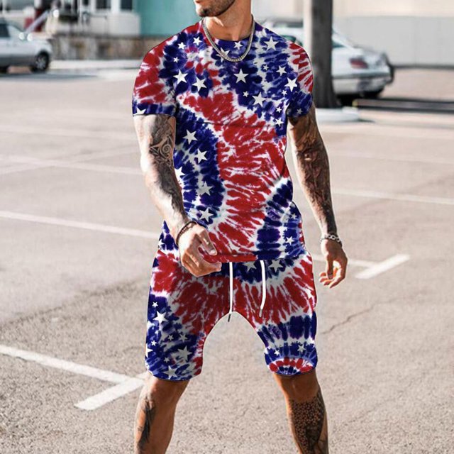 TIMIFIS Tenues 2 Pcs pour Hommes 4 Juillet Été Décontracté Imprimé Drapeau USA Col Rond Manches Courtes et Shorts - Printemps/été