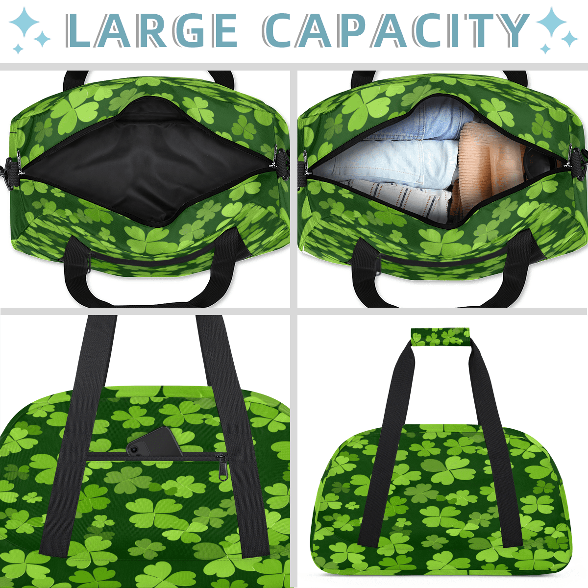 Herdesigns Green Clover Shamrock Sports Duffle Bag for Women & Men, St. Patrick's Day Gym Bag Dance Bag Overnight Bag Carry On Weekender Travel Bag