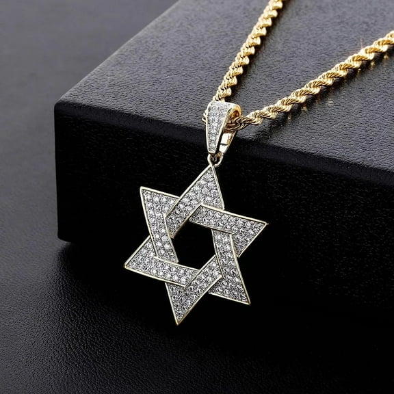 Hip Hop Men 14K Yellow Gold Jewelry Micro Pave Iced Out CZ Stone Star Of David Pendant Necklaces With Rope Chain