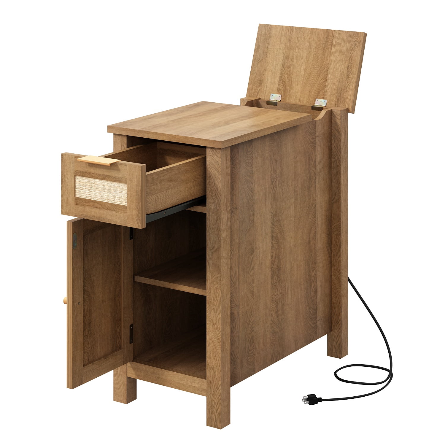 Narrow End Table with Charging Station, Small Side Table with Storage, Rattan Nightstands for Living Room Bedroom