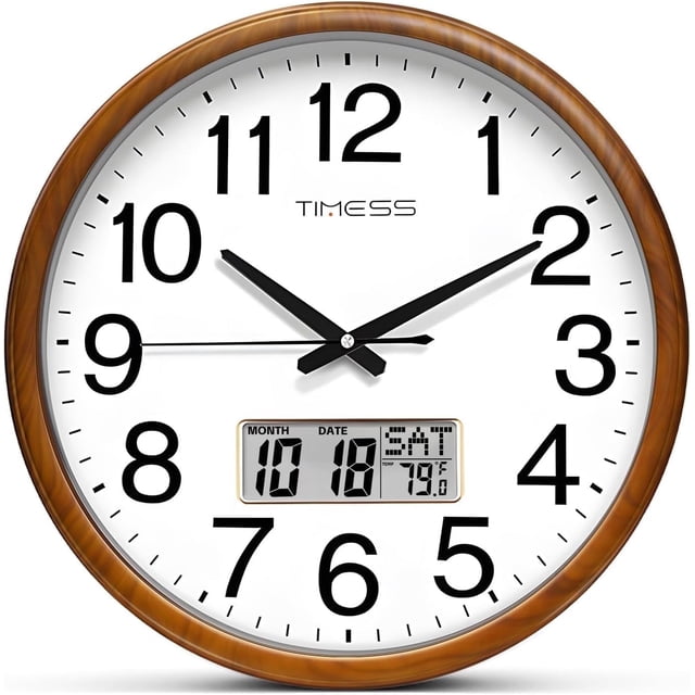 TIMESS 13" Reloj de Pared Digital con Marco de Madera Clara, Calendario y Termómetro Integrados, Cuarzo Silencioso