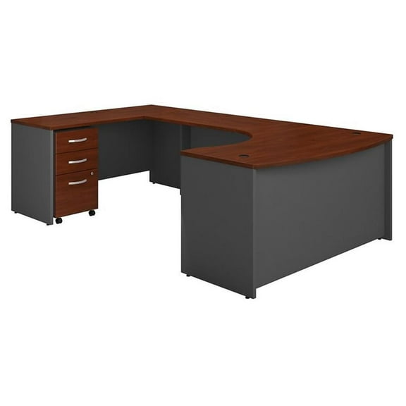 Pemberly Row Left Hand Bow U-Shaped Desk w/ Mobile File Cabinet in Hansen Cherry