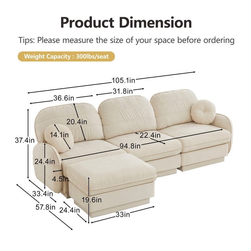 Chenille Modular Sofa with Ottoman, 3-Seater Deep Seat Cloud Couch, Convertible Sectional Sofa with Quilted Cushions & Round Pillows, Modern Sofa for Living Room, Apartment,Beige