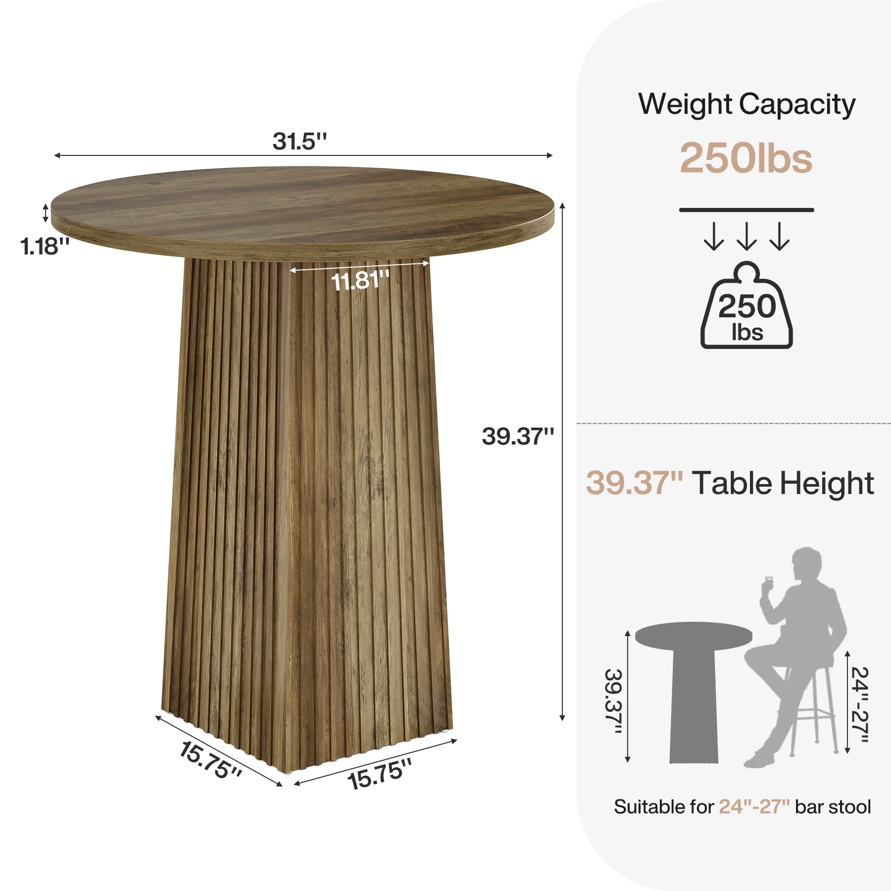 Hommoo 31.5 Inch Round Pub Table, Modern Fluted Pedestal Bar Table for Kitchen, Apartment, Breakfast Nook & Small Spaces, Walnut