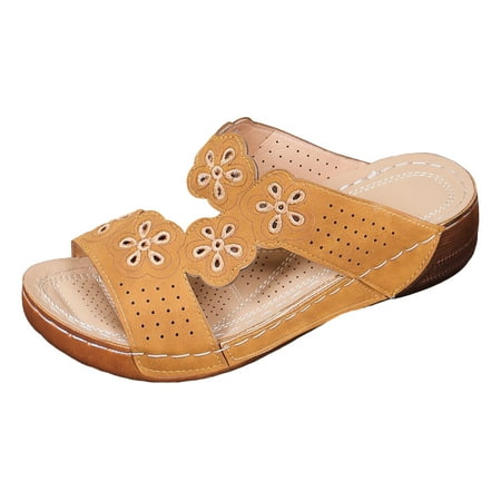 

Huanghuaa Ladies Summer Retro Solid Colour Flower Hollow Out Slope Heel Thick Bottom Large Size Sandal Slippers Sandals for Women Dressy Summer Heel