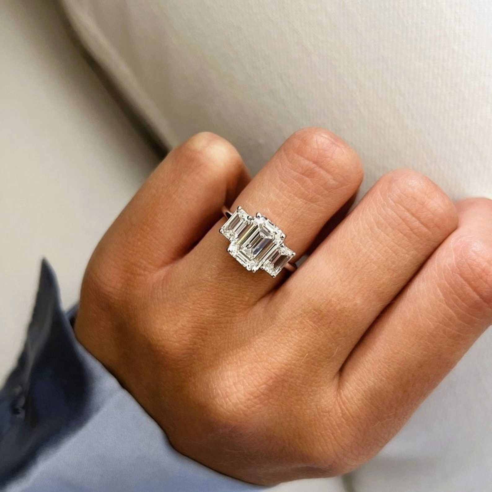 SOLITAIRE JEWELS 4 Carat Emerald Cut Three Stone Diamond Engagement Ring Solid 10K White Gold