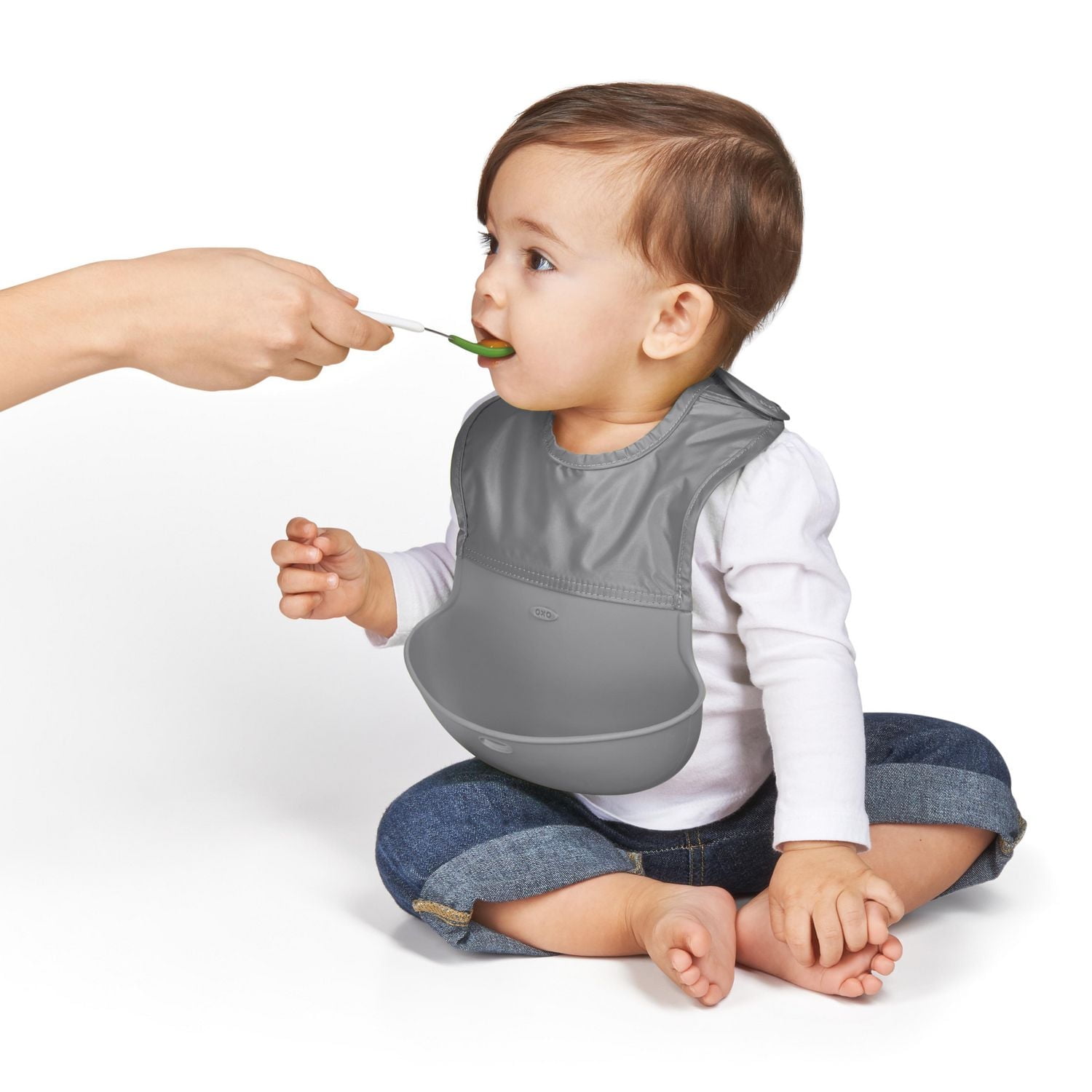 OXO Tot - Roll-Up Bib - Comfortable Soft Waterproof Lightweight Silicone Baby Bib and Toddler - Fabric Rolls Up into Pocket for Travel and Storage - Gray