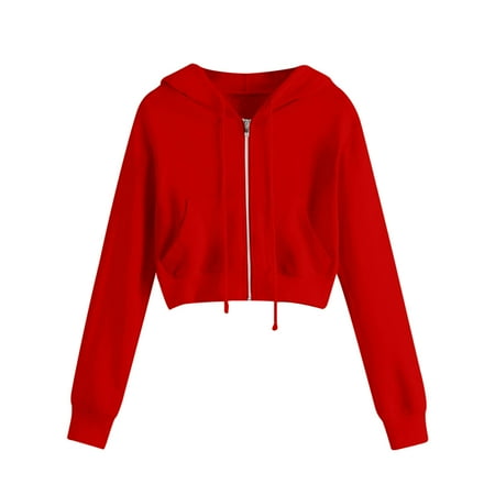 HAOTAGS Women s Long Sleeve Drawstring Hoodie Solid Color Sweatshirt Cropped Jacket Red Size M