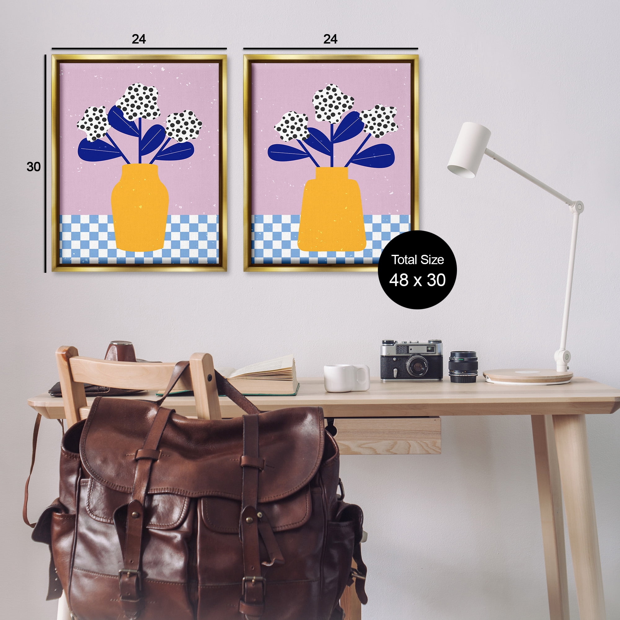 Stupell Industries Patterned Flowers in Vases Botanical & Floral Painting Gold Floater Framed Canvas Art Print Wall Art, 25 x 31, Set of 2