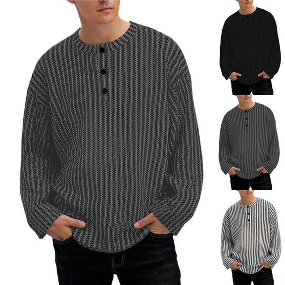 SeCaotees Henley Striped Shirts for Men Crew Neck Partial Button Placket Long Sleeve Soft Woven Fabric Loose Fit Daily Casual Pullover Tops Black,L