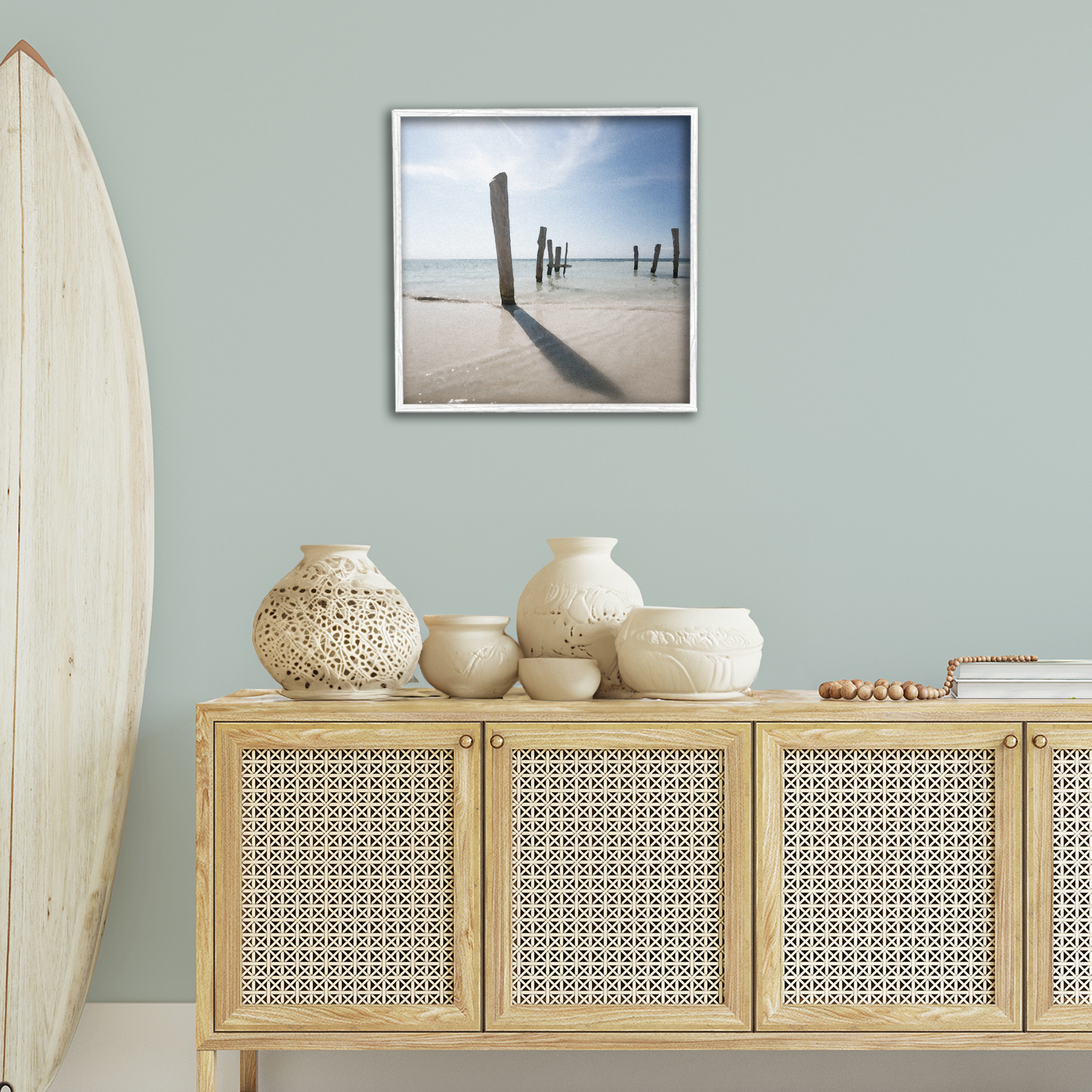 Stupell Industries Eight Beach Posts Coastal Photography White Framed Art Print Wall Art, 24 x 24