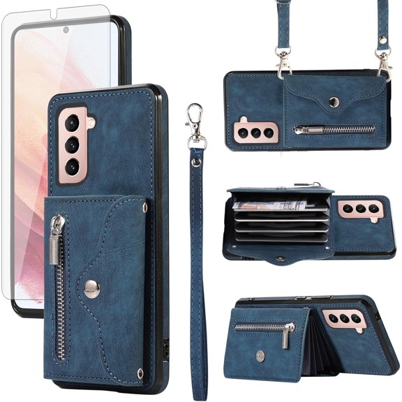 MYKOMI Phone Case for Samsung Galaxy S21 5G 6.2 inch Wallet Cover with HD Screen Protector and Wrist Crossbody Strap Lanyard Credit Card Holder Stand Shoulder Slot Leather S 21 21S G5