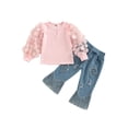 thumbnail image 1 of Coduop Toddler Baby Girl Mesh Patchwork Tops Jeans Tassel Flared Denim Pants 1-6 Years, 1 of 7