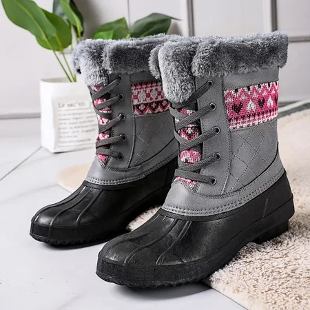 

Thickening Fleece Lined Waterproof Snow Boots Argyle Pattern Lace Up Duck Calf Boots Women‘s Footwear